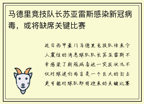 马德里竞技队长苏亚雷斯感染新冠病毒，或将缺席关键比赛