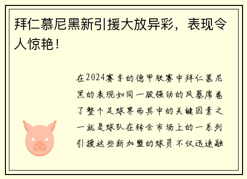 拜仁慕尼黑新引援大放异彩，表现令人惊艳！
